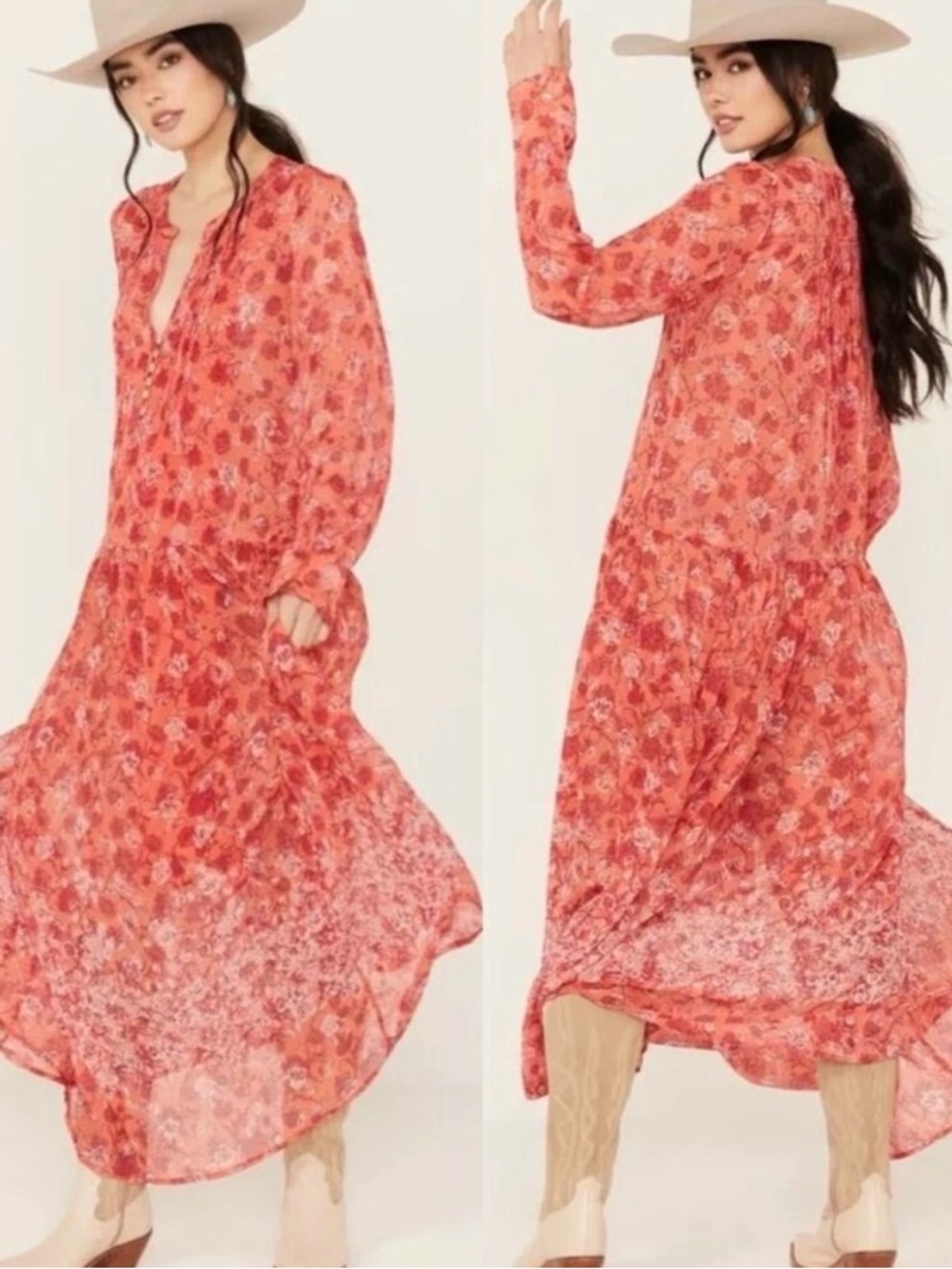 Free People Coral Floral Sheer Tiered Maxi Dress - Picture 13 of 16